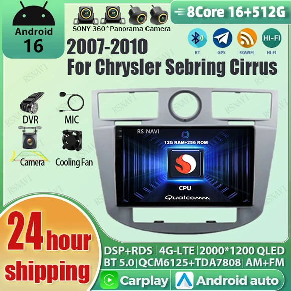 Radio para Auto con Android 16, Carplay, Qualcomm, Pantalla QLED 2K, Reproductor para Chrysler Sebring Cirrus 2007-2010, GPS, Wifi, Estéreo, 4G, BT