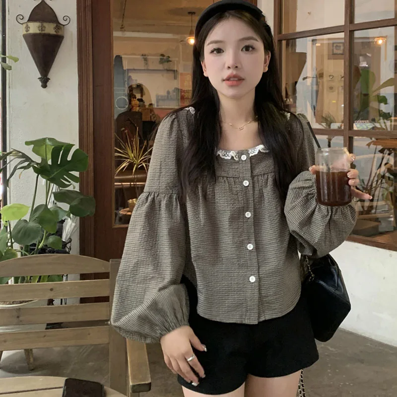 OCEANLOVE Plaid Women Shirts&blouses Spring Autumn Sweet Chic Vintage Loose Blusas Mujer Korean Fashion Square Neck Camisas