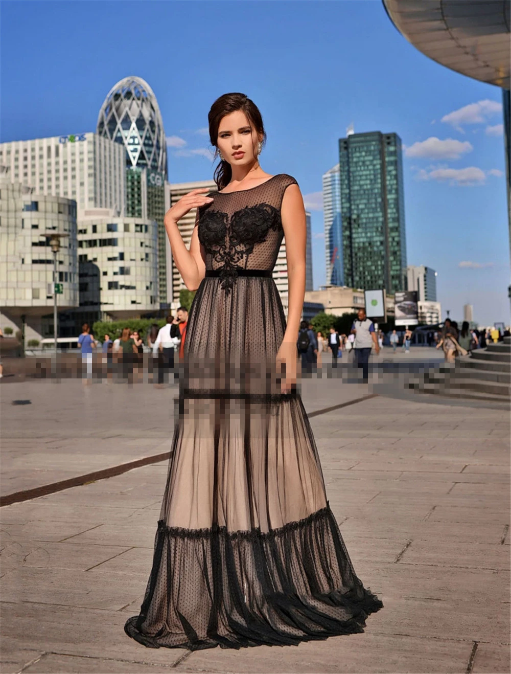 

Вечерние платья по индивидуальному заказу, черные аппликации, с круглым вырезом, без рукавов, длиной до пола, на молнии, трапециевидной формы, большие размеры, женское вечернее платье H1012