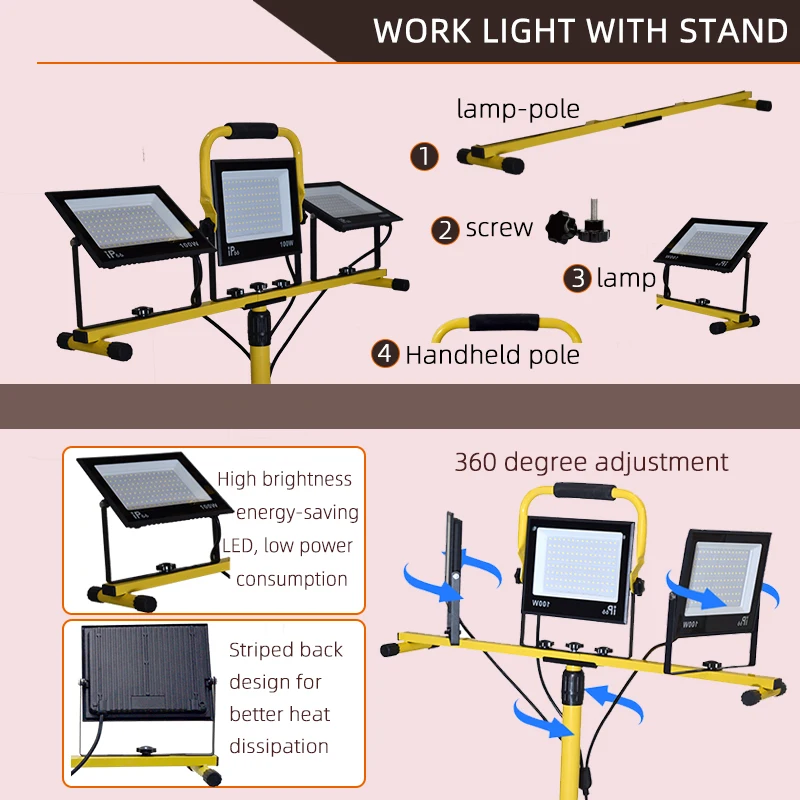 30000 ルーメン LED ワークライト スタンド付き - 3 ヘッドポータブルフラッドライト、作業現場、ワークショップ、ガレージ、建設現場の照明用