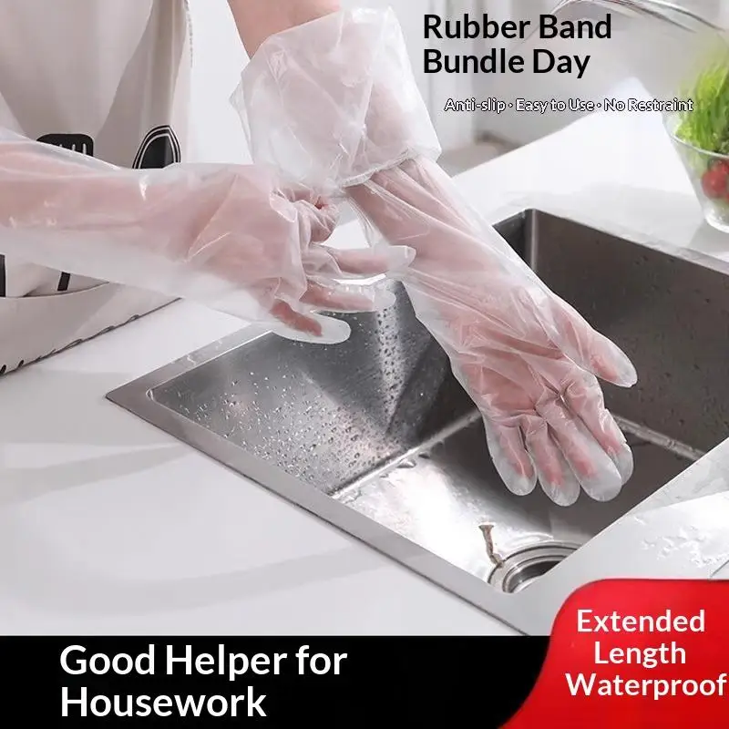 60 cm lange CPE-Haushaltshandschuhe, wasserdicht, verstärkt, mit rutschfester Manschette, für Küche, Geschirrspülen und Hausreinigung. – Detail 4