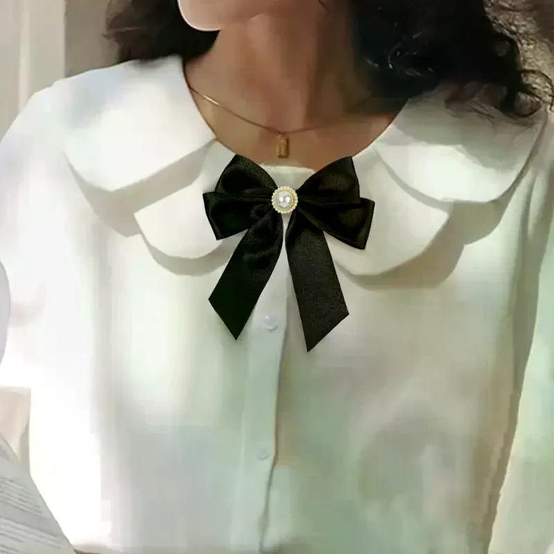 Black Ribbon Bow Pearl Brooch For Women Versatile Shirt Collar Pins Clothing Decoration Ribbon Tie Jewelry Accessories Gifts