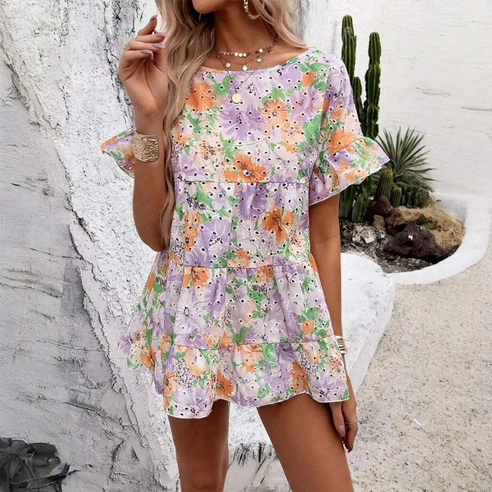 

Phantasy Summer Loose Dress Women Sweet Mini Dress Neck Hollow Out Dress Pagoda Sleeve Gown Casual Streetwear Female Outfit