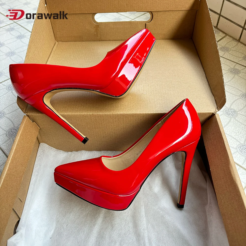 

Super High Heels Sexy 12CM Women Platforms Pumps Shiny Red Fetish Stilettos Model Show Party Club Pointed Toe Shoes Big Size