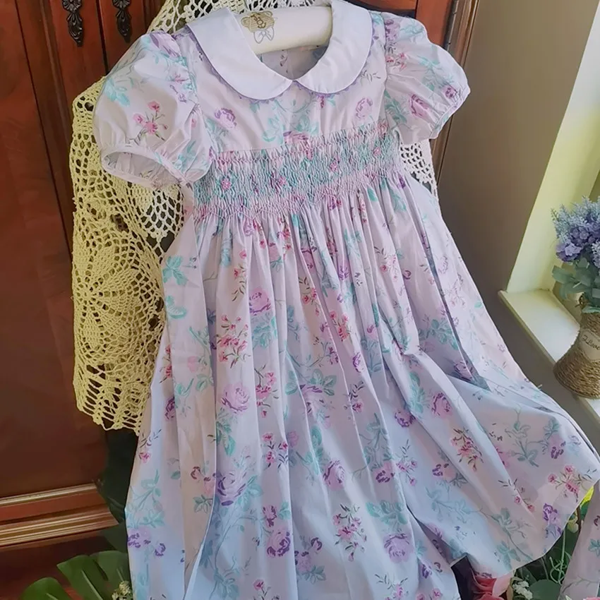 New Summer Kids  Spanish Floral Printed peter pan collar England Handmade Smock Princess Dresses