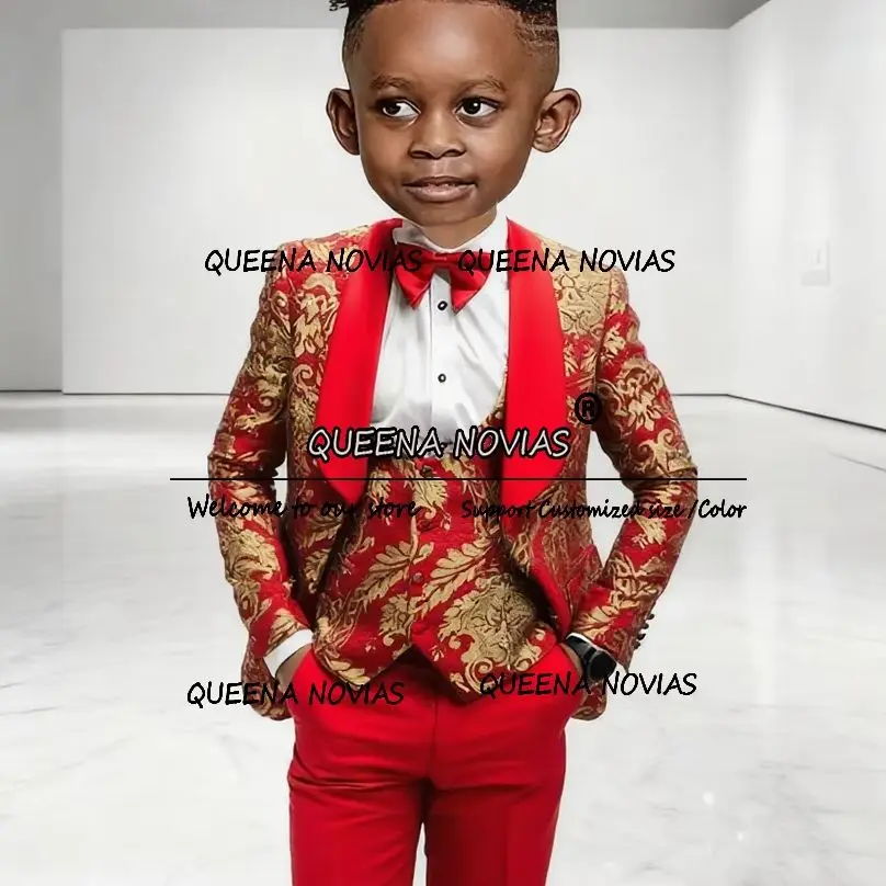クラシックな花柄プリントの男の子用スーツ 結婚式用 3ピースセット シングルブレスト ジャカードブレザー カスタムキッズフォーマルパーティータキシード