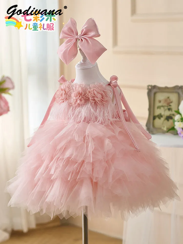 Sweet Baby Girls Summer New High End Princess Slip Dress Kids Pink 3D Floral Tulle Feather Bow Birthday Party Tutu Cake Dress
