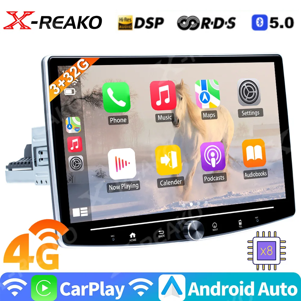 Radio con GPS para coche, reproductor de audio y vídeo con Android 12, 3G + 32G, DSP, giratorio, 1 din, 10,1 pulgadas, 360 grados, universal, 4G, 8 núcleos, Wifi, X-REAKO