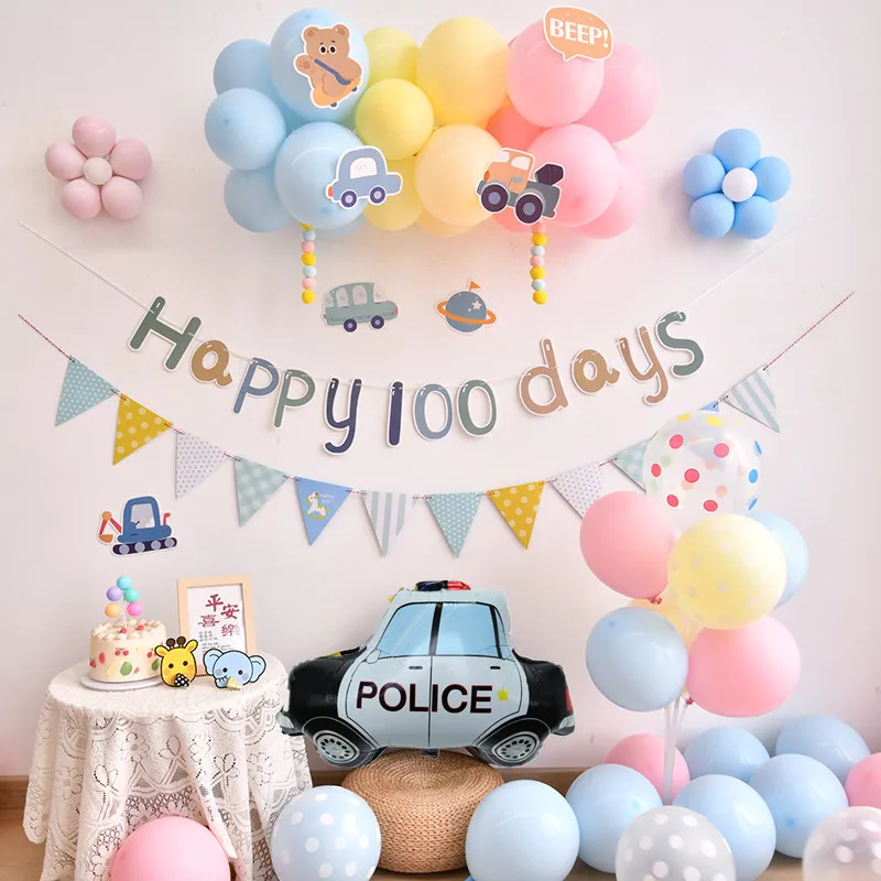 Baby Shower 100days Party Balloon Set Boy Girl Princess 30Days Birthday Backdrops Decoration Police Car Golobs Kit