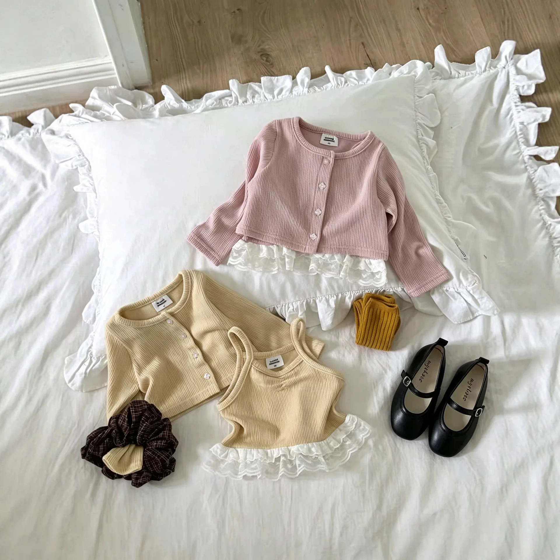 2026 Girl Baby Spring Autumn New Sweet Clothing Thin Spaghetti Strap  and Knit Outerwear Two Price Sets