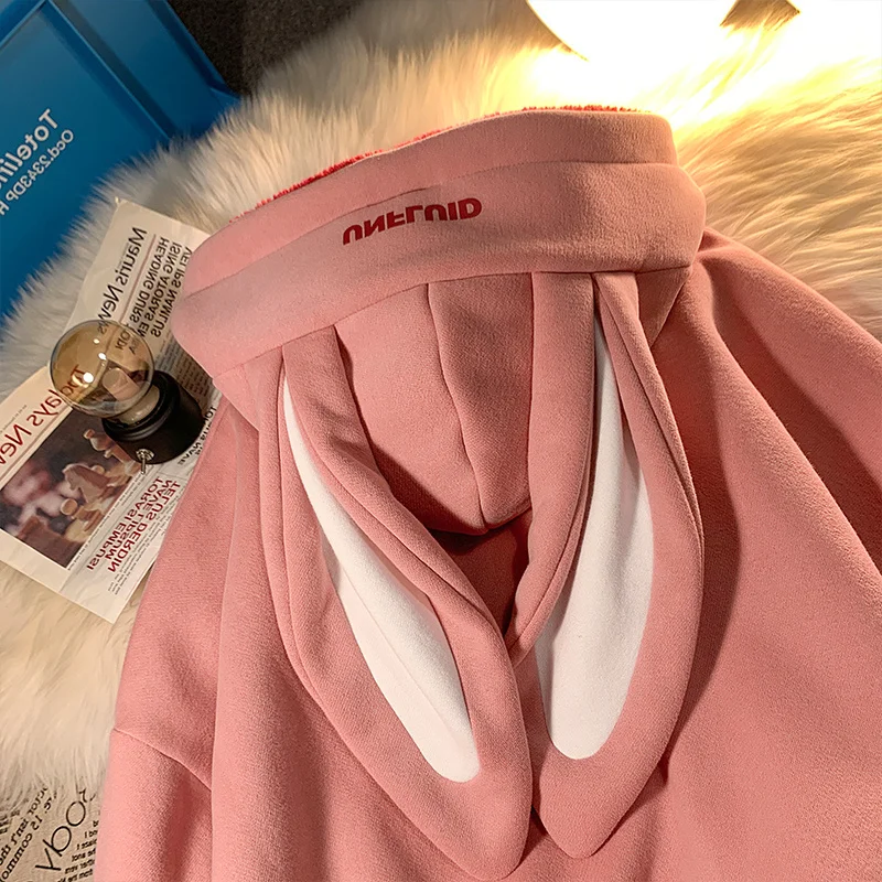 Áo Khoác Hoodie Thu Xuân In Hình Thỏ Áo Hoodie Nỉ Mới Áo Khoác Bé Gái Rời BF Phong Cách Nhung Cao Cấp