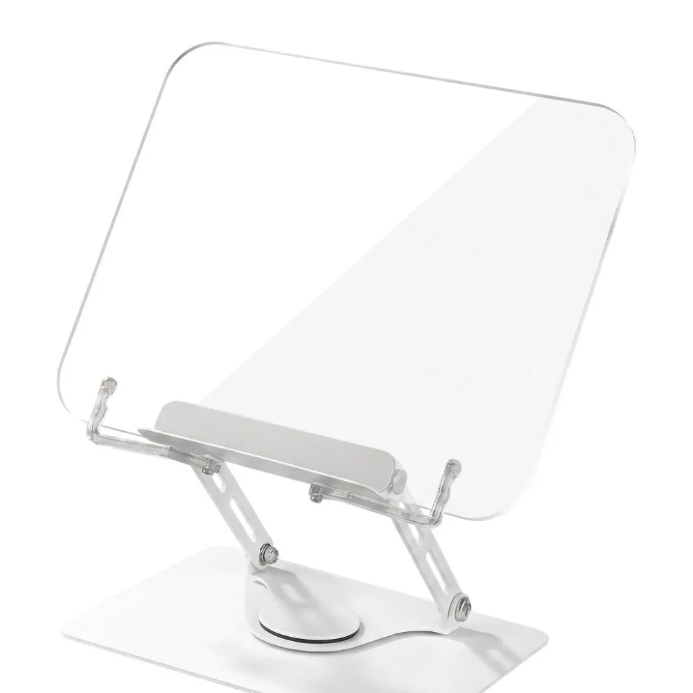 Adjustable Height Acrylic Book Stand Foldable 360° Rotating Base Cookbook Holder Elastic Page Clips Hands Free