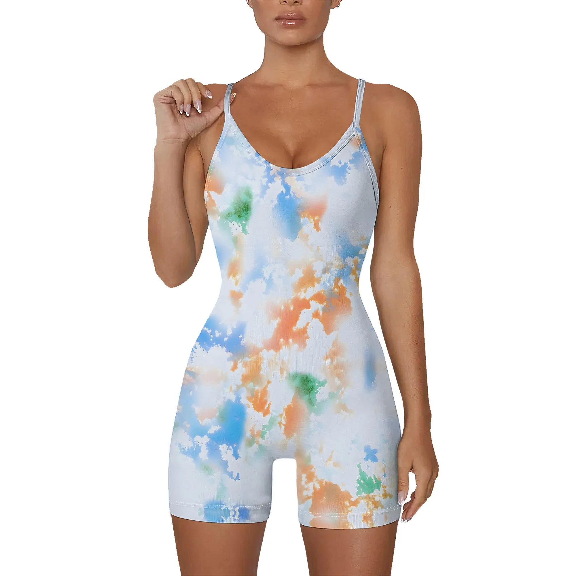Color Splash Romper Tie Dye Look Spaghetti Strap Bodysuit Women's Summer Loungewear