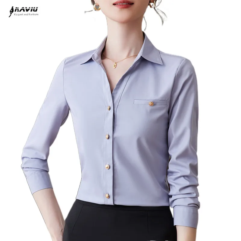 NAVIU White Shirt Women New 2023 Spring Fashion Temprament Slim V Neck Formal Long Sleeve Blouses Office Ladies Work Tops