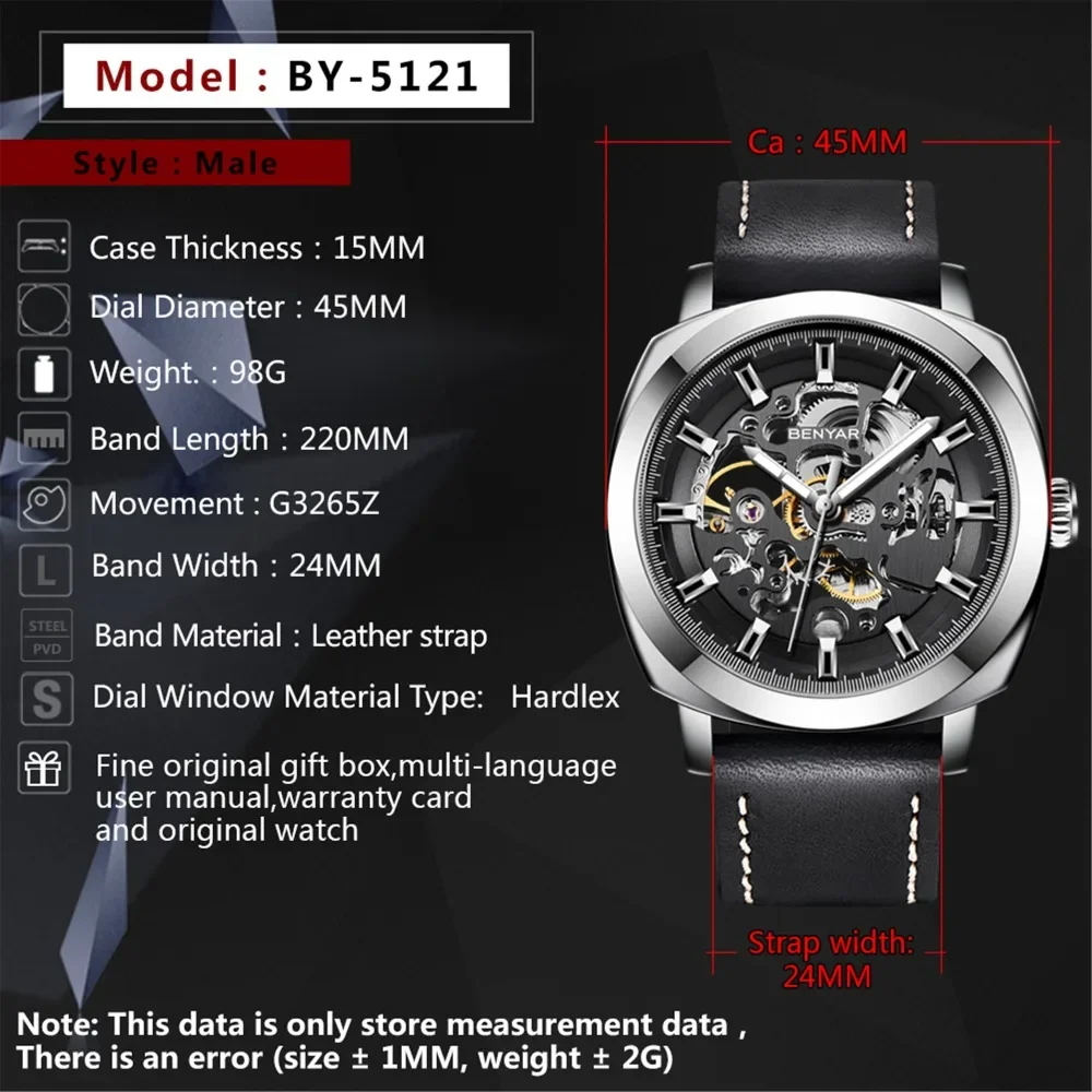 BENYAR 2023 New Brand Men\'s Watches Automatic Mechanical Watch Sport Clock Leather Casual Business Wrist Watch Relogio Masculino