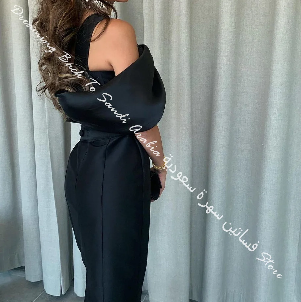 customizedExquisite Satin One Shoulder Sleeveless Mermaid Pleats Buttons Tea Length Evening Dress Party Dress Solid Color Custom