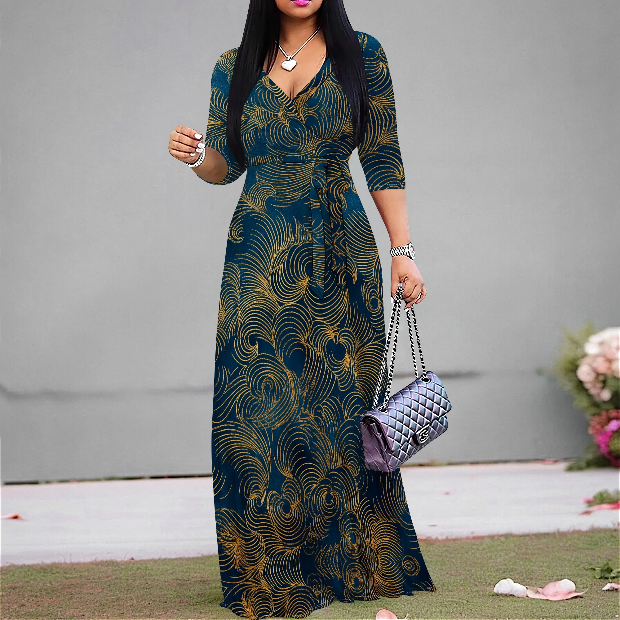 

Gold Feather Print Maxi Dress S‑3XL V‑Neck Wrap Style with Tie Waist & 3/4 Sleeves for Holiday, Elegant Dinner or Evening Party