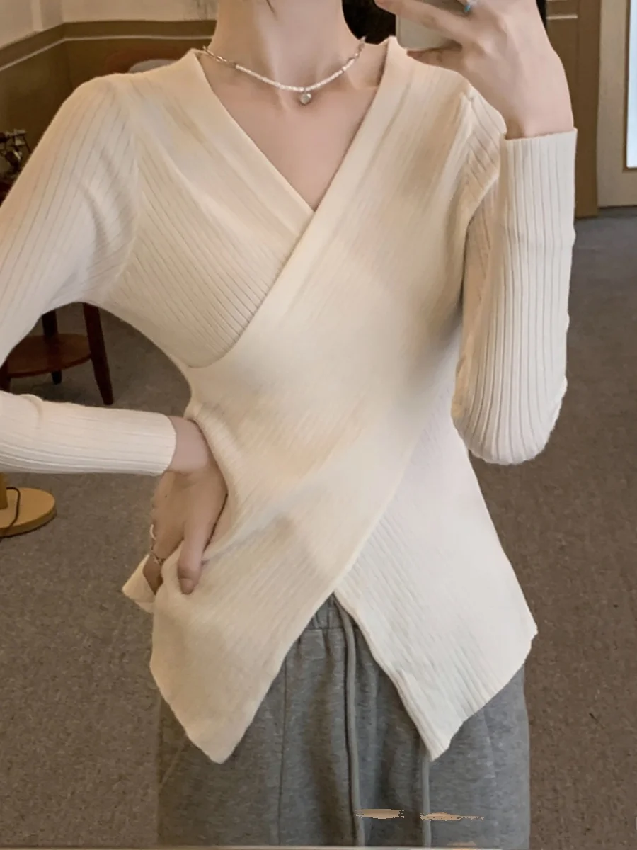 

Women's Cross Long Sleeve Base Shirt plus Size Knitted Slimming Design Sensation Inner Wear Top Trending Winter Fashion