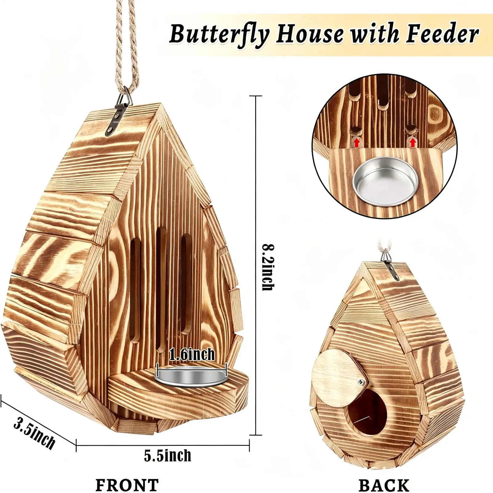 Schmetterlingshaus aus Holz zum Aufhängen im Freien, Schmetterlingshaus mit Futterstation, hängende Gartendekoration, Nistkasten für Balkon und Garten