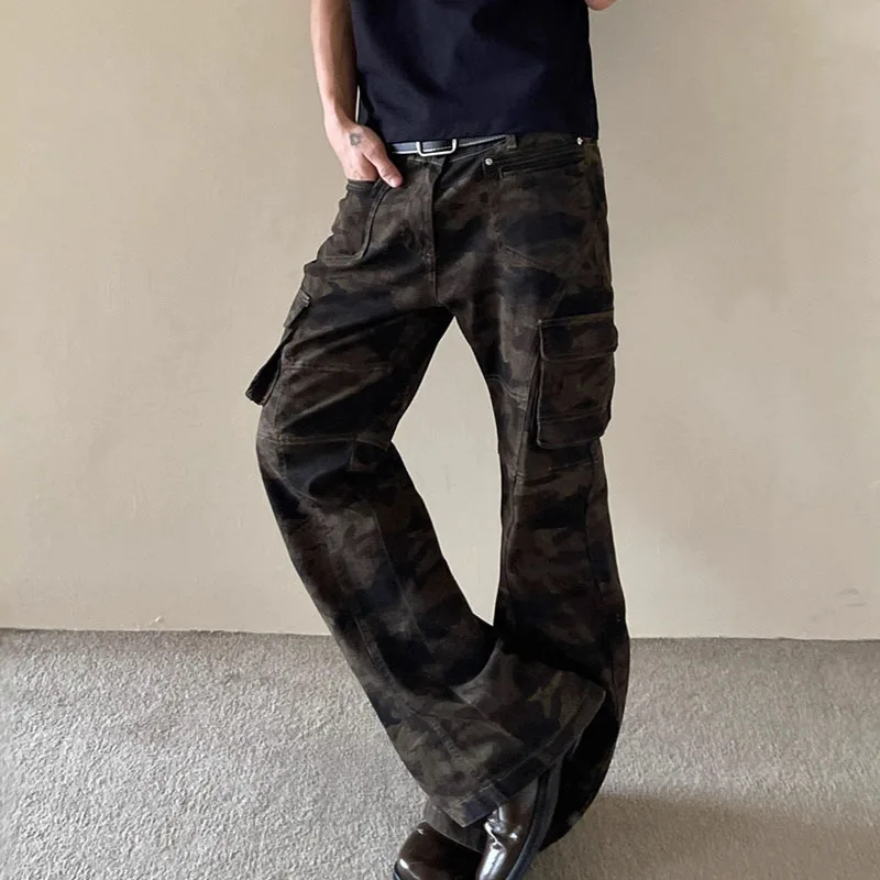 

Men Micro Flared Patchwork Workwear Multi-pocket Pants Casual Camouflage Floor-length High Street Silm Fit Pants