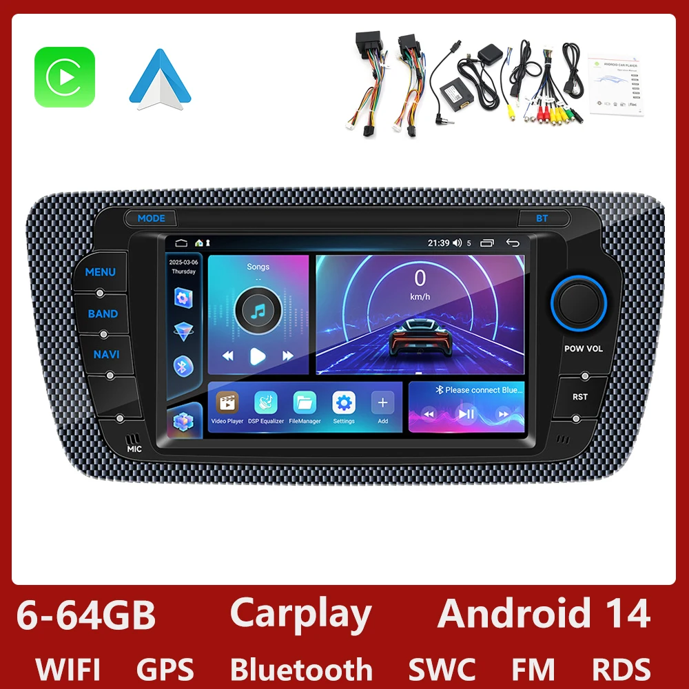 GEARELEC 64G Android 13 Autoradio CarPlay Voor Seat Ibiza 6j 2009 2010 2011 2012 2013 2009-2013 Autoradio WIFI GPS RDS Audio Multimedia Speler