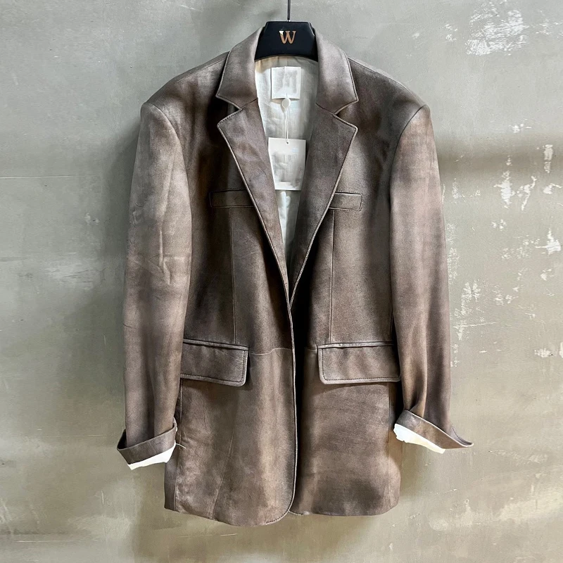 2024 Fall Winter High Quality Goatskin Leather Women Loose Vintage Suit Jacket Imported Goatskin Chic Female Casual Jackets