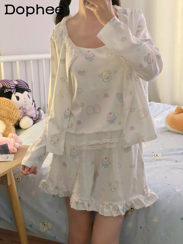 

Japanese Original New 2025 Summer Sweet and Cute Girl Skin-friendly Three-piece Cartoon Comfortable Loungewear Pajamas Set