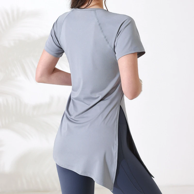 Fashion Drawstring Quick-drying Yoga Shirts Slim Shaping Blouse Long Version Fitness Running Sportswear Short Sleeves Pilates