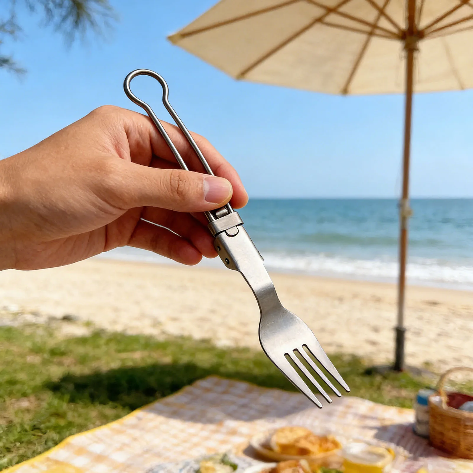 Titanium Foldable Cutlery Set Ultralight Portable Titanium Tableware with Locking Mechanism for Camping Hiking Picnic