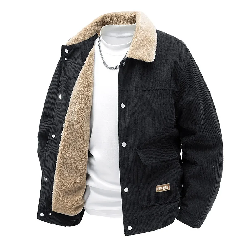 Men Corduroy Jacket Sherpa Fleece Collar Winter Thick Fleece Lined Snap Button Retro Casual Warm Outer Coat