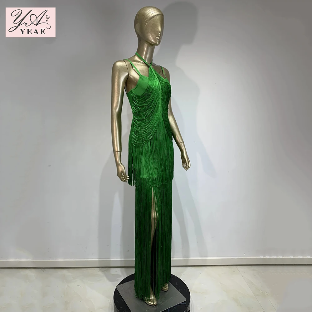 2024 New Women\'S Green Sexy Sleeveless Tight Fringe Long Bandage Dress Elegant Celebrity Party Evening Dress