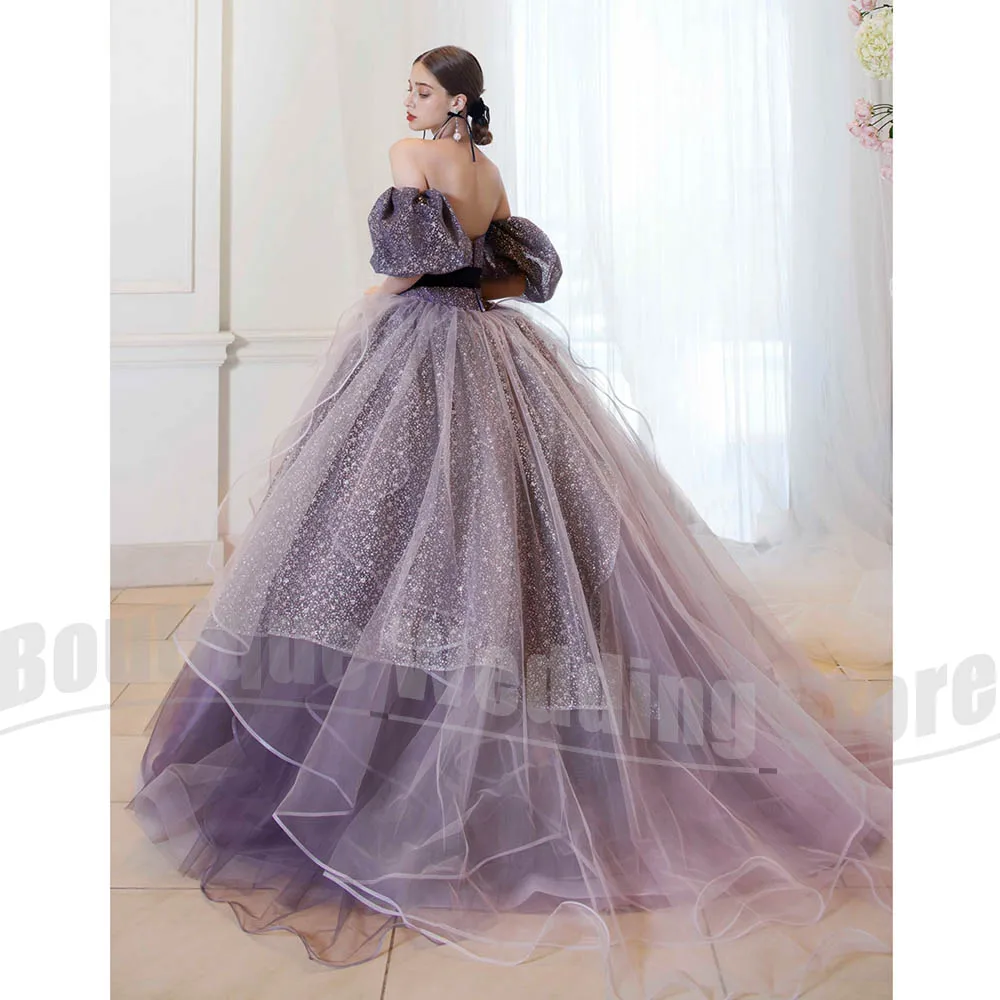 Women's Strapless Sequined Evening Dress with Black Bow Belt Ruffled Tulle Ball Gown Fashion Sweep Train Elegant Party Dress
