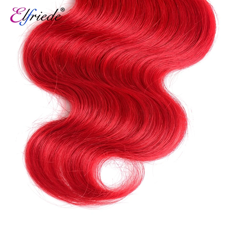 ElfriKawasaki-Onda Do Corpo Ombre Pacotes de Cabelo com Fecho, 100% Tramas De Cabelo Humano, Fechamento Transparente Do Laço, 3 Pacotes, # T1B/Vermelho, 4x4