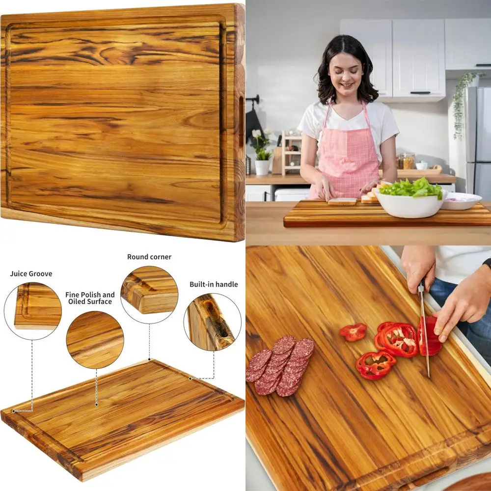 

Гигантская разделочная доска из тикового дерева, прочная кухонная разделочная поверхность для мяса и овощей, размер XL (24x18 дюймов)