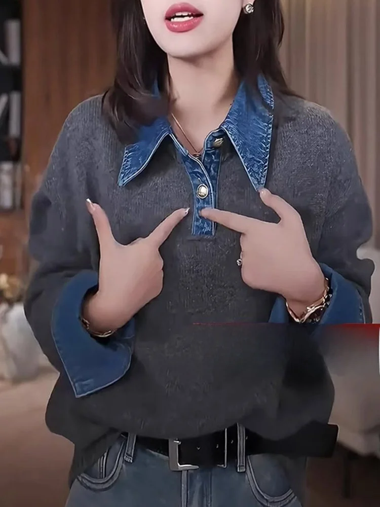 Comfortable Long Sve Denim Patchwork Design Sweater Versatile Casual Knitted Top Korean Sle Straight Cut Commute Faion