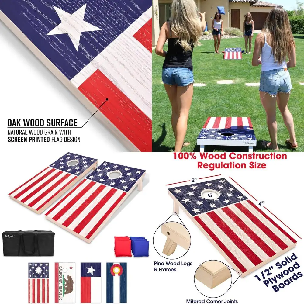 

4 x 2 ft Flag Series Wood Cornhole Sets – American Flag or State Flags – Includes 2 Regulation Size Boards, 8 Bean Bags, Carryin