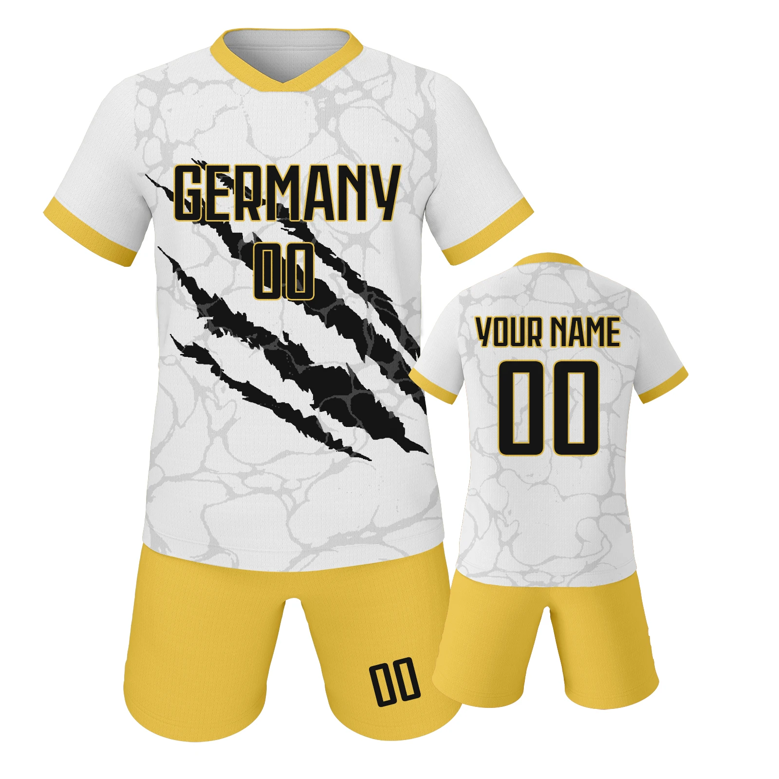 

Custom Germany Soccer Uniform Personalized Printed Team Name Number Soccer Jerseys Shorts Set National Football Kit for Kids Fan