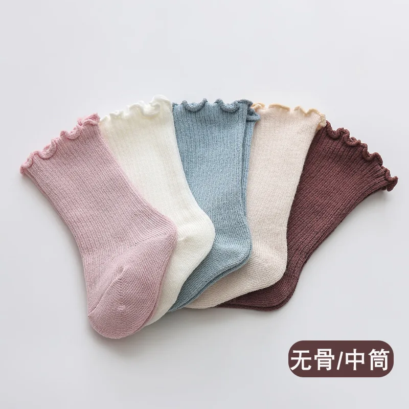 Baby Socks Breathable Soft Baby Mid-tube Socks Solid Color Boneless Wide Mouth Wooden Ear Edge for Boys and Girls