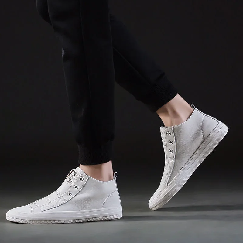 New 100% Genuine Leather Shoes Men High top Fashion Sneakers Flat Brand Black White Shoes Cool Street Young Male Footwear DX233