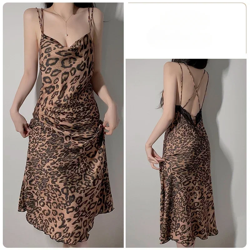 Women's Pajamas Plus Size Women Lingerie Leopard Print Satin Slip Nightdress for Women Home Set Sleepwear for Sleeping Sexy Girl