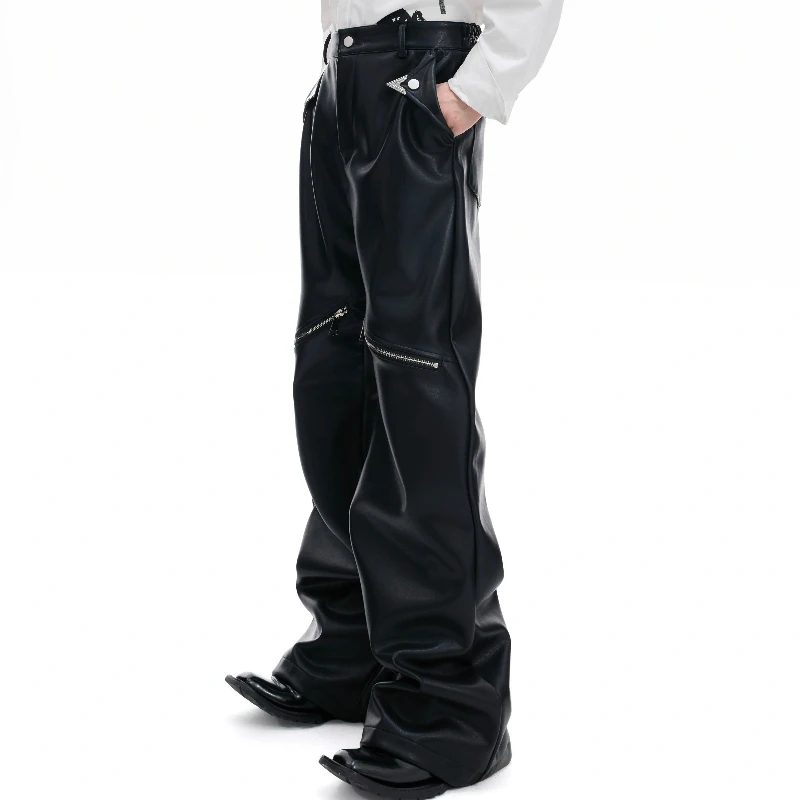 Men's 2025 Autumn New Fashion Niche Retro Faux Leather Pants High-End Slim Fit Trousers Chic Metal Zipper Design Straight Pants