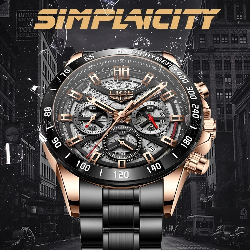 LIGE Men Watch Top Brand Luxury Sports Quartz Mens Watches Full Steel Waterproof Chronograph Wristwatch Men Relogio Masculino