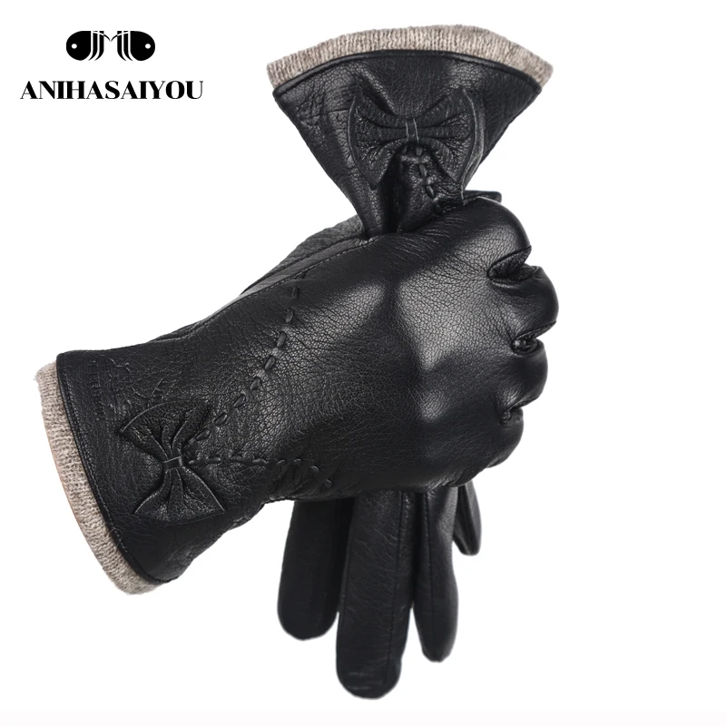 Guantes de cuero de alta calidad para mujer, guantes de piel de oveja de cuero genuino para mujer, guantes de invierno para exteriores para mujer