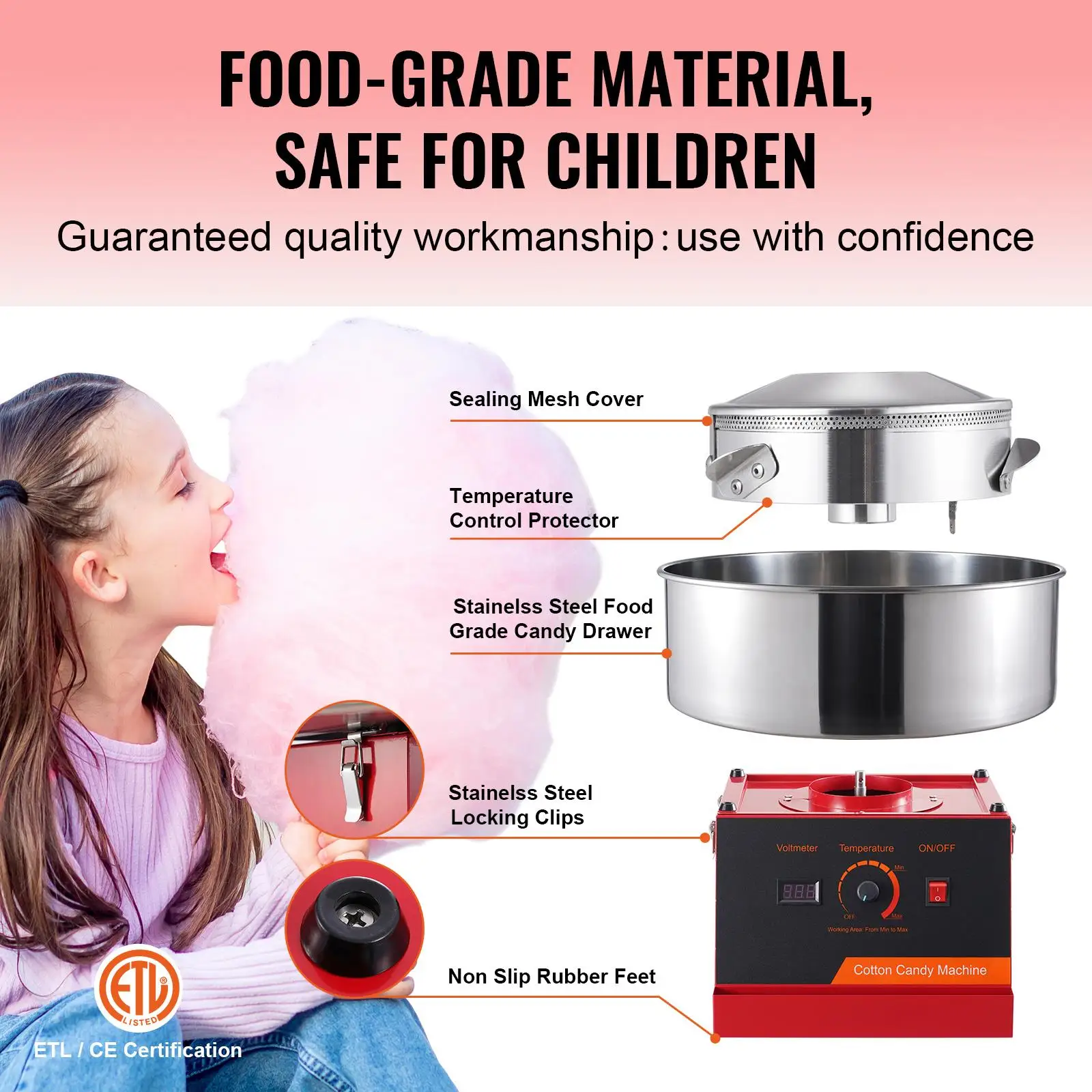 1000W Cotton Candy Machine with Stainless Steel Bowl and Sugar Scoop Commercial Candy Floss Maker for home Parties and Kids Birthdays Red