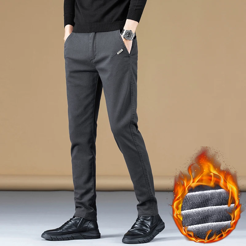 Alta qualidade inverno quente velo calças casuais dos homens tecido de algodão fino cinza coreia trabalho clássico carga ao ar livre calças masculinas 28-38