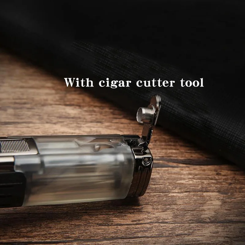 Honest Clear Metal Butane Lighter with Cigar Cutter Cigarette Lighter Windproof Gas Torch Spray Gun Triple Flame Lighter