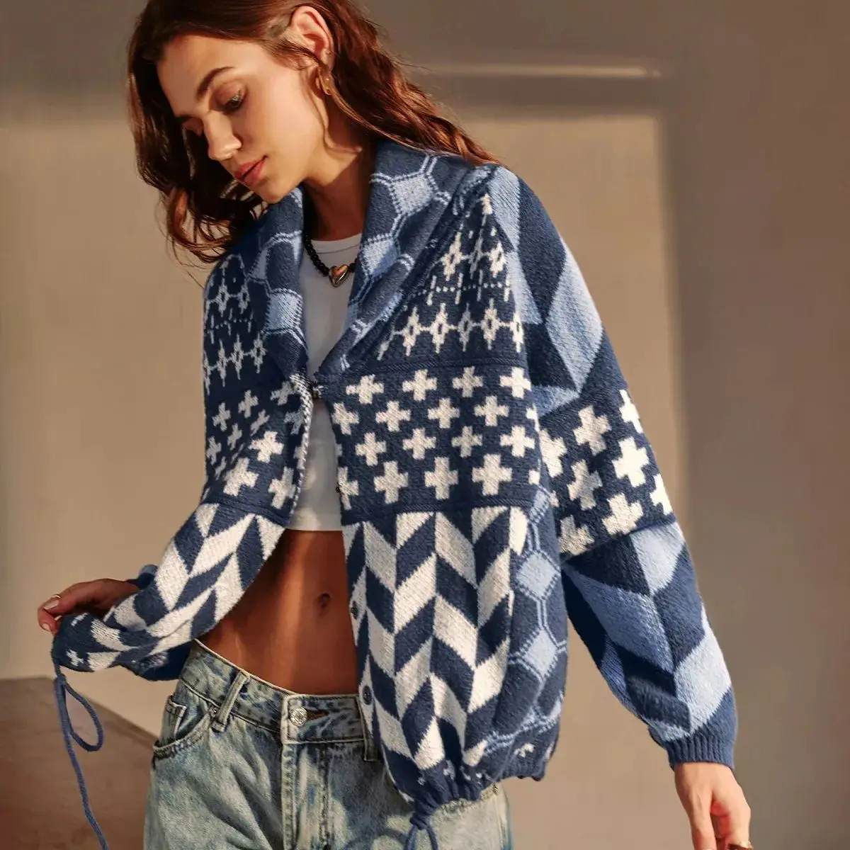 Boho Stripe Knit Cardigan Oversized Aztec Pattern Women's Blue White Stripe Knit Cardigan Long Sleeve Open Front Coat