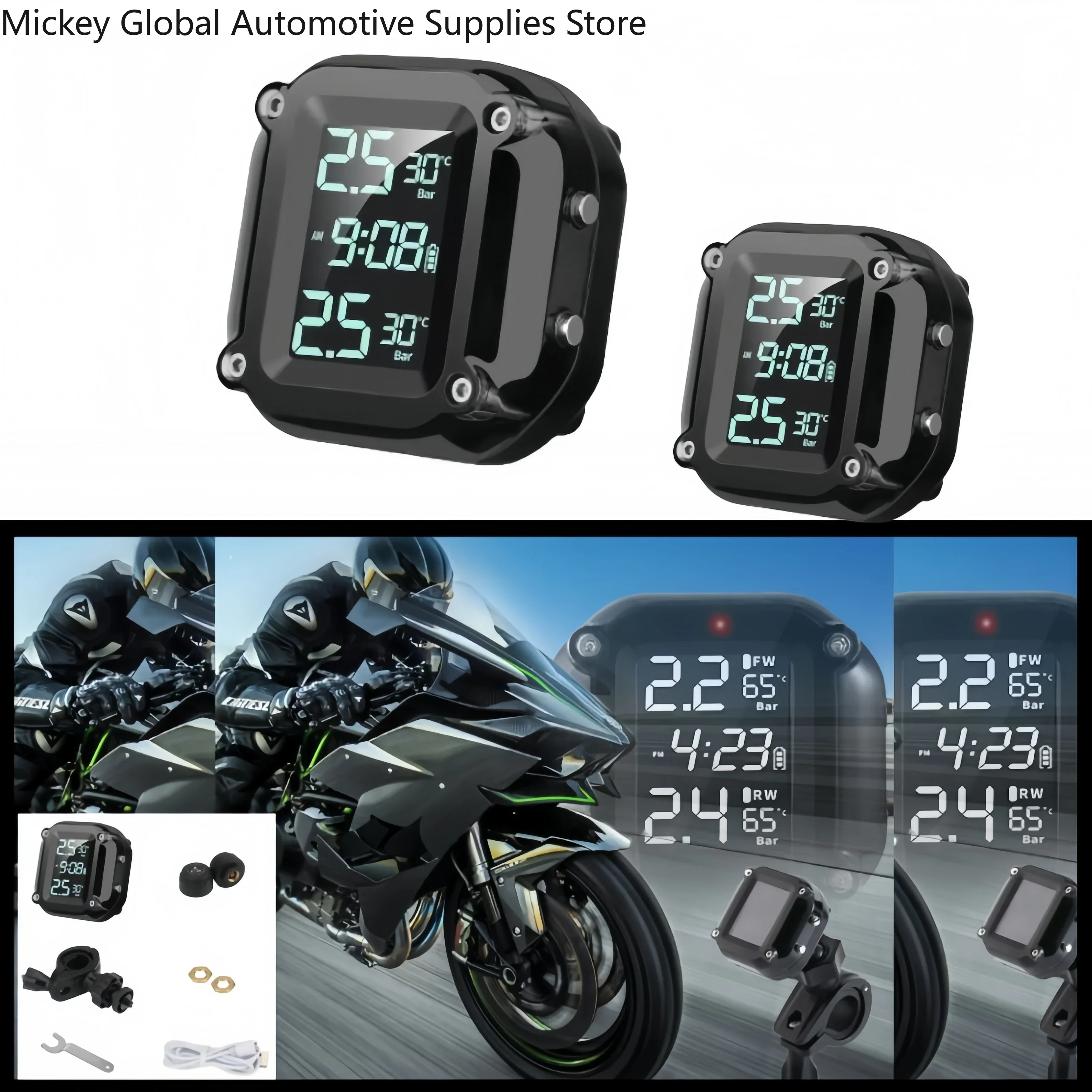 Motorcycle Wireless TPMS Real Time Alerts Waterproof LCD Display External Sensors Tire Pressure Temperature Monitoring System