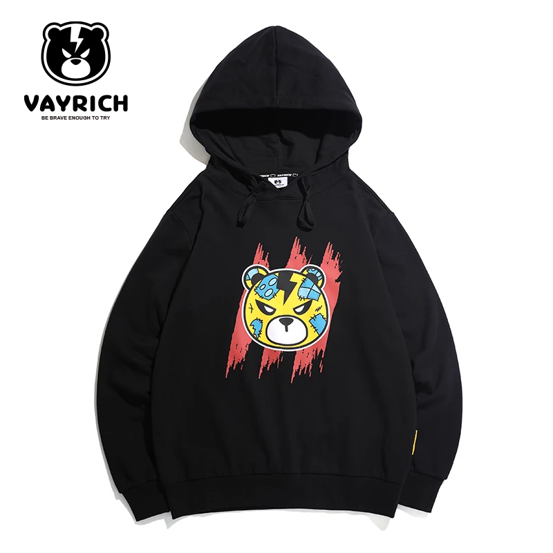 Vayrich Branded 100% Cotton Bears Logo Cartoon Black Pullover Hoodie Streetwear Hip Hop Unisex College Casual Outerwear Coats