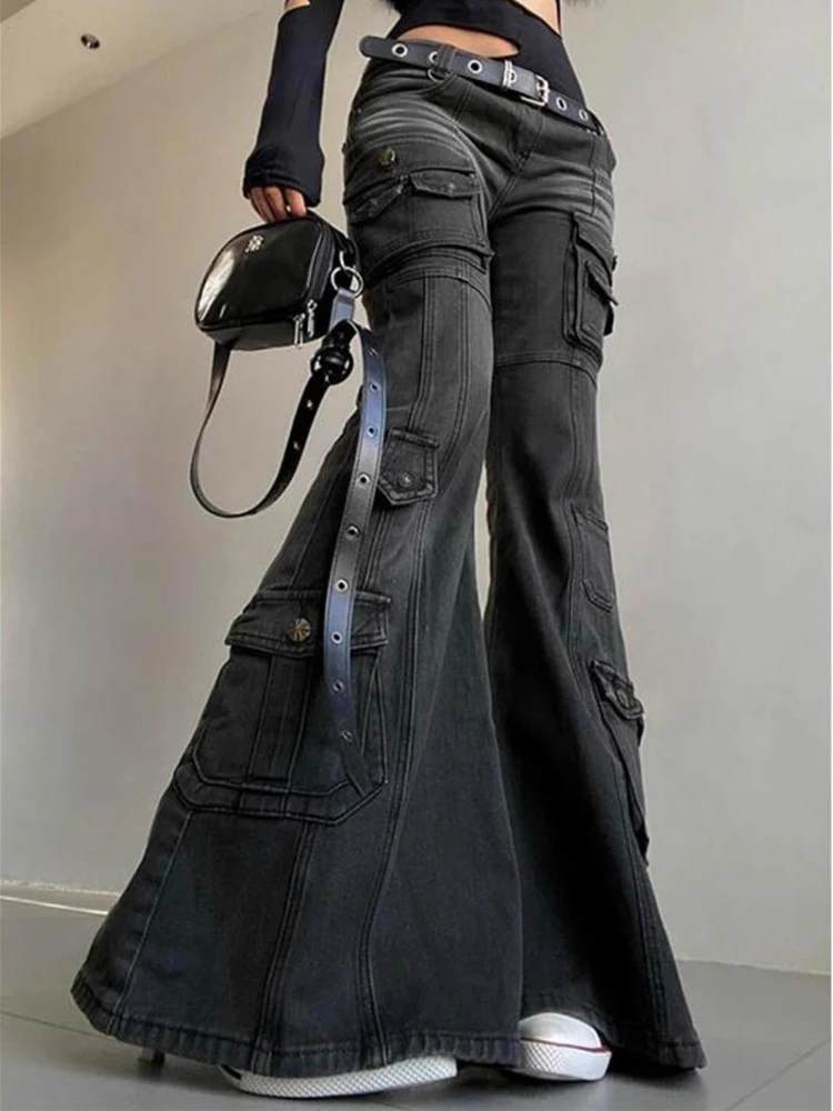 Black Low Waist Cargo Bootcut Pants Women 2000s Distressed Stretch Multi-pocket Retro Grunge Streetwear XJ593